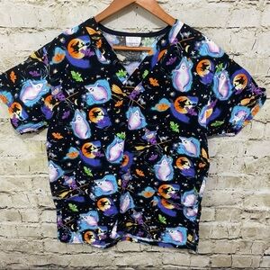 Fundamentally Cotton Black Orange Halloween Ghost Bat Scrub Top